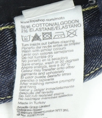 Brand and care label for Moto Women's Blue Denim Shorts, size 10