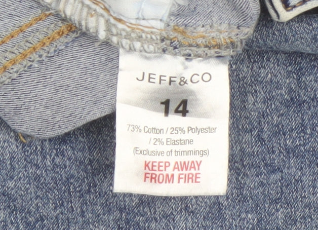 Brand and care label for Jeff & Co Women's Blue Straight Jeans, size 14