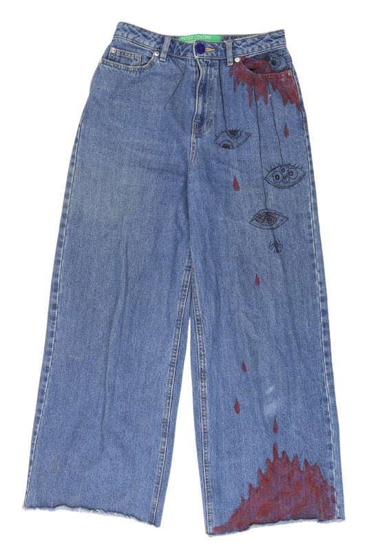 Benetton Women's Blue Wide-Leg Embroidered Jeans Size M