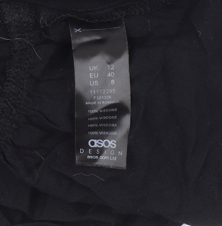 Brand and care label for ASOS Women's Black Wrap Blouse, size 12, V-Neck