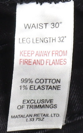 Brand and care label for Easy Men's Black Skinny Jeans, size 30, Flame-Resistant