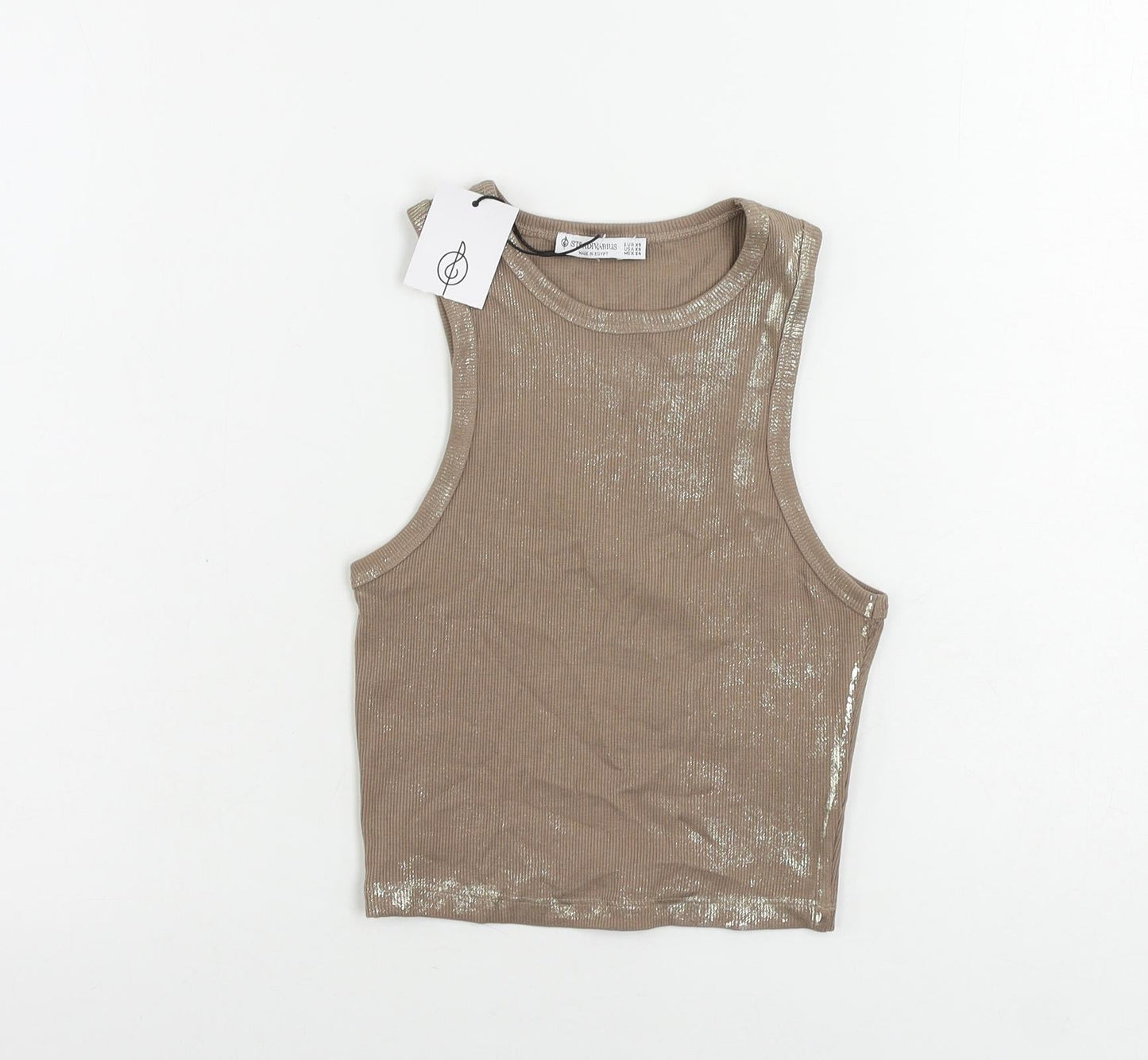 Stradivarius Womens Brown Cotton Cropped Tank Size XS Round Neck - Metallic Details