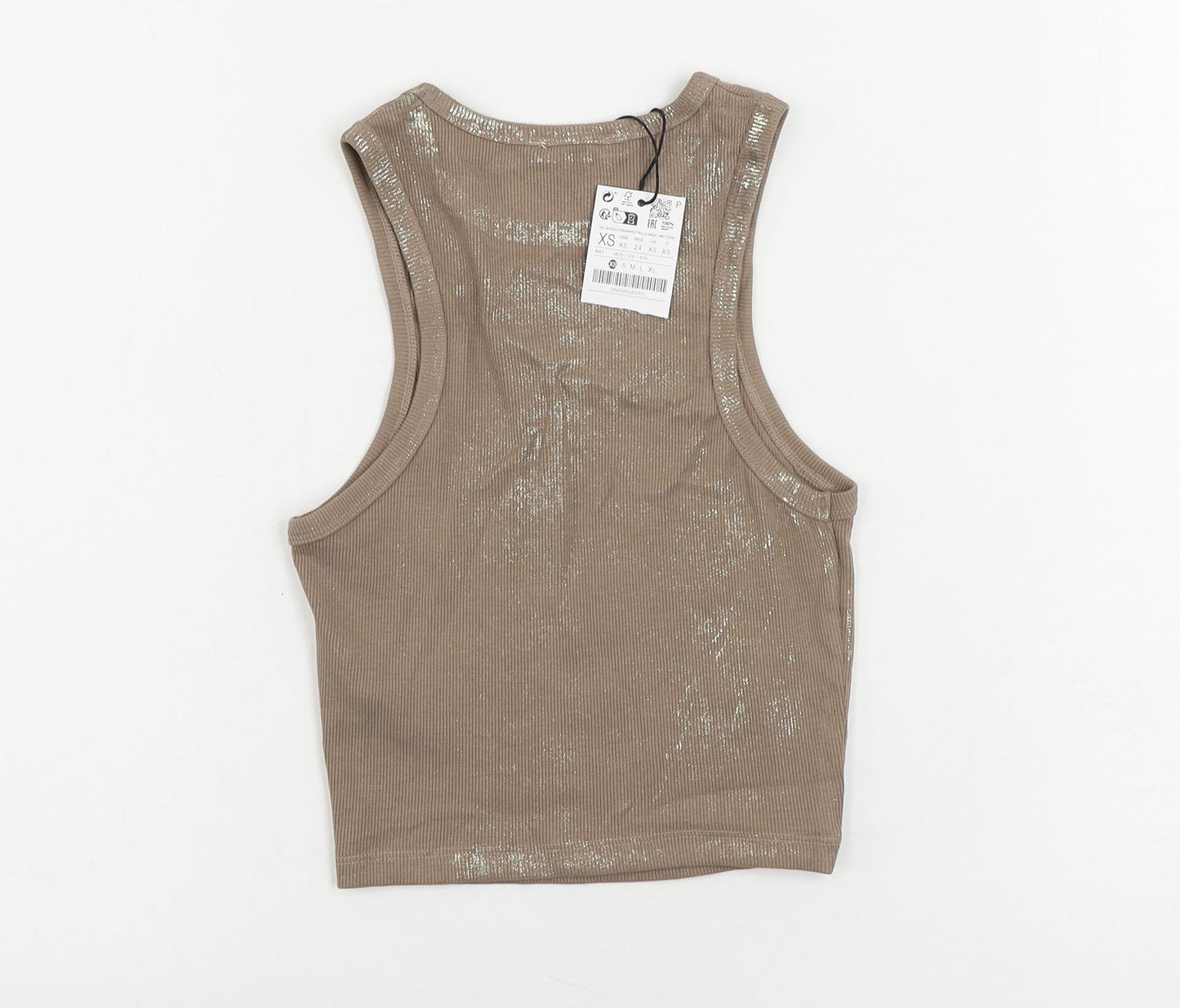 Stradivarius Womens Brown Cotton Cropped Tank Size XS Round Neck - Metallic Details