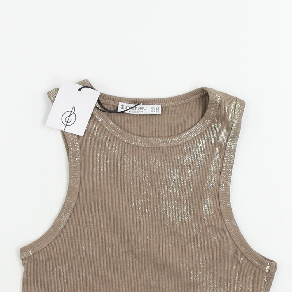 Stradivarius Womens Brown Cotton Cropped Tank Size XS Round Neck - Metallic Details