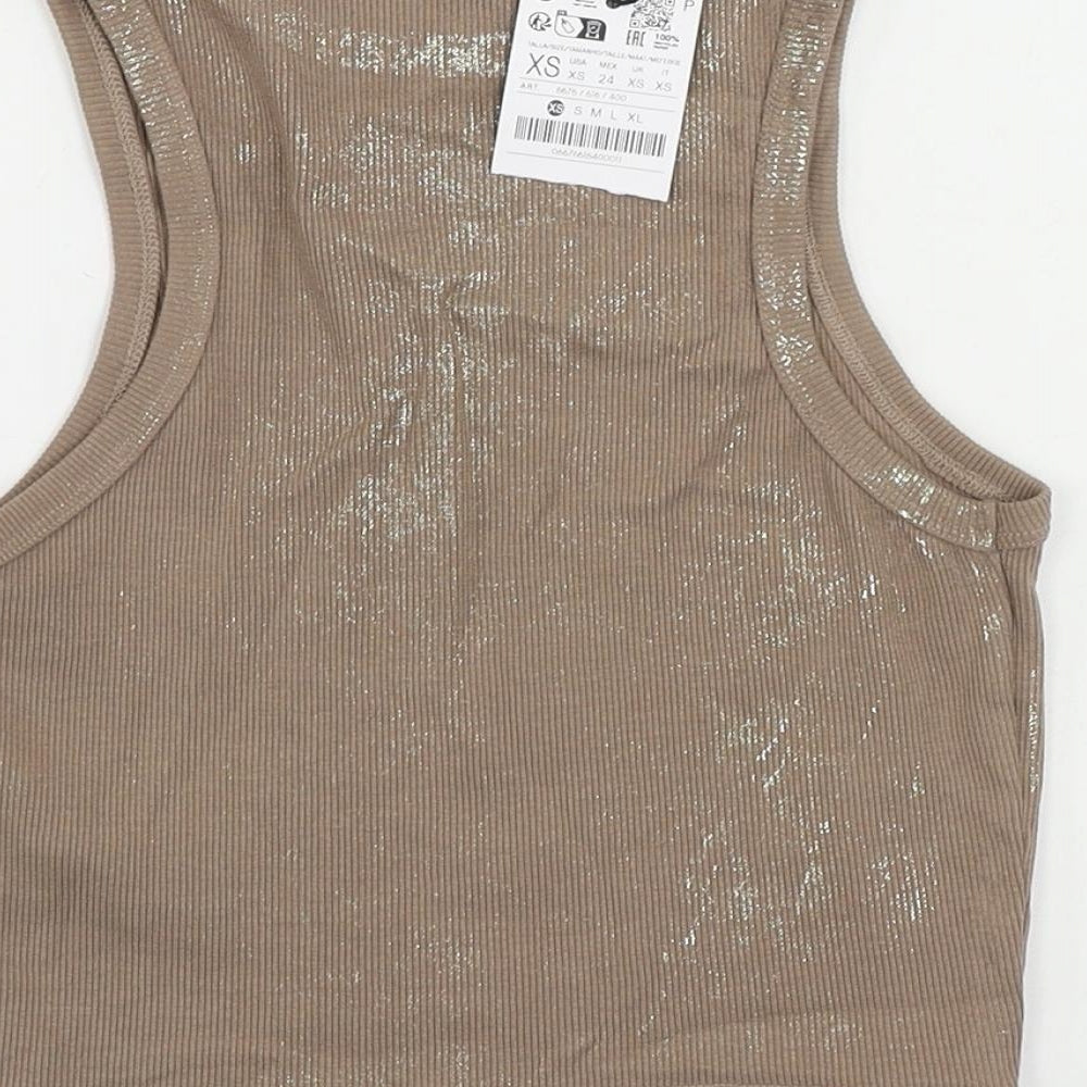 Stradivarius Womens Brown Cotton Cropped Tank Size XS Round Neck - Metallic Details