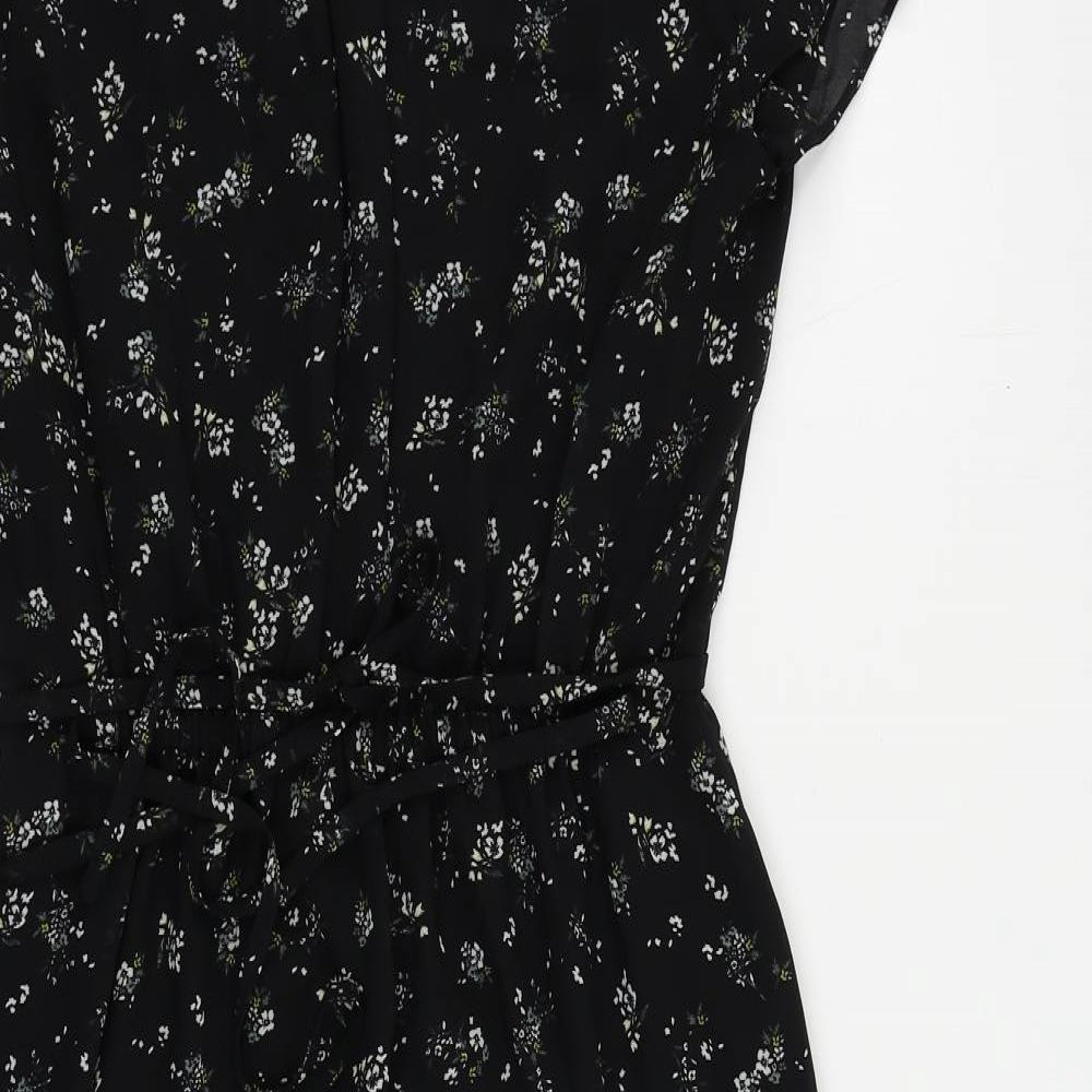 H&M Womens Black Floral Polyester A-Line Size 6 V-Neck Zip - Ruffle