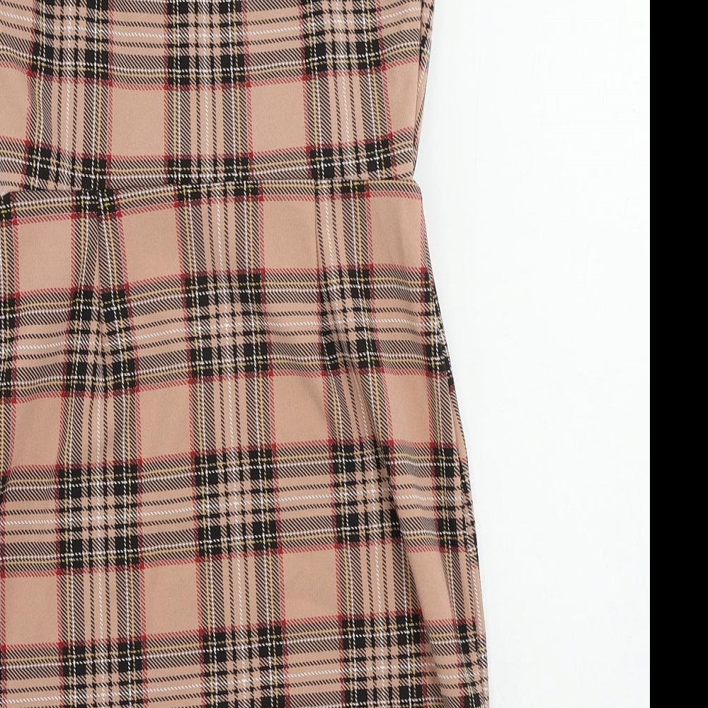 Brand and care label for I SAW IT FIRST women’s pink plaid polyester mini, size UK 8, square neck pullover