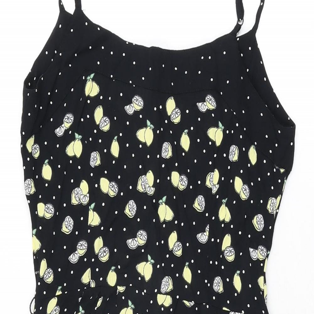 Brand and care label for By Henry Holland women’s black geometric viscose playsuit one-piece, size UK 6 button - lemon print