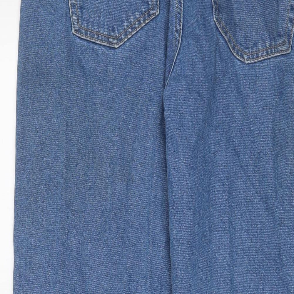 Brand and care label for ASOS women’s blue cotton straight jeans, size UK 28, in, 30-inch leg regular button