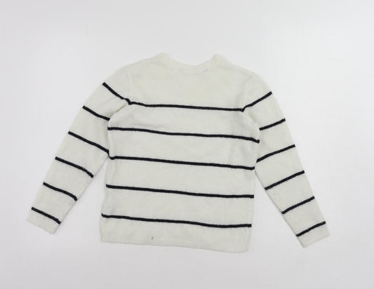 H&M Girls White Crew Neck Striped Acrylic Pullover Jumper Size 9-10 Years Pullover