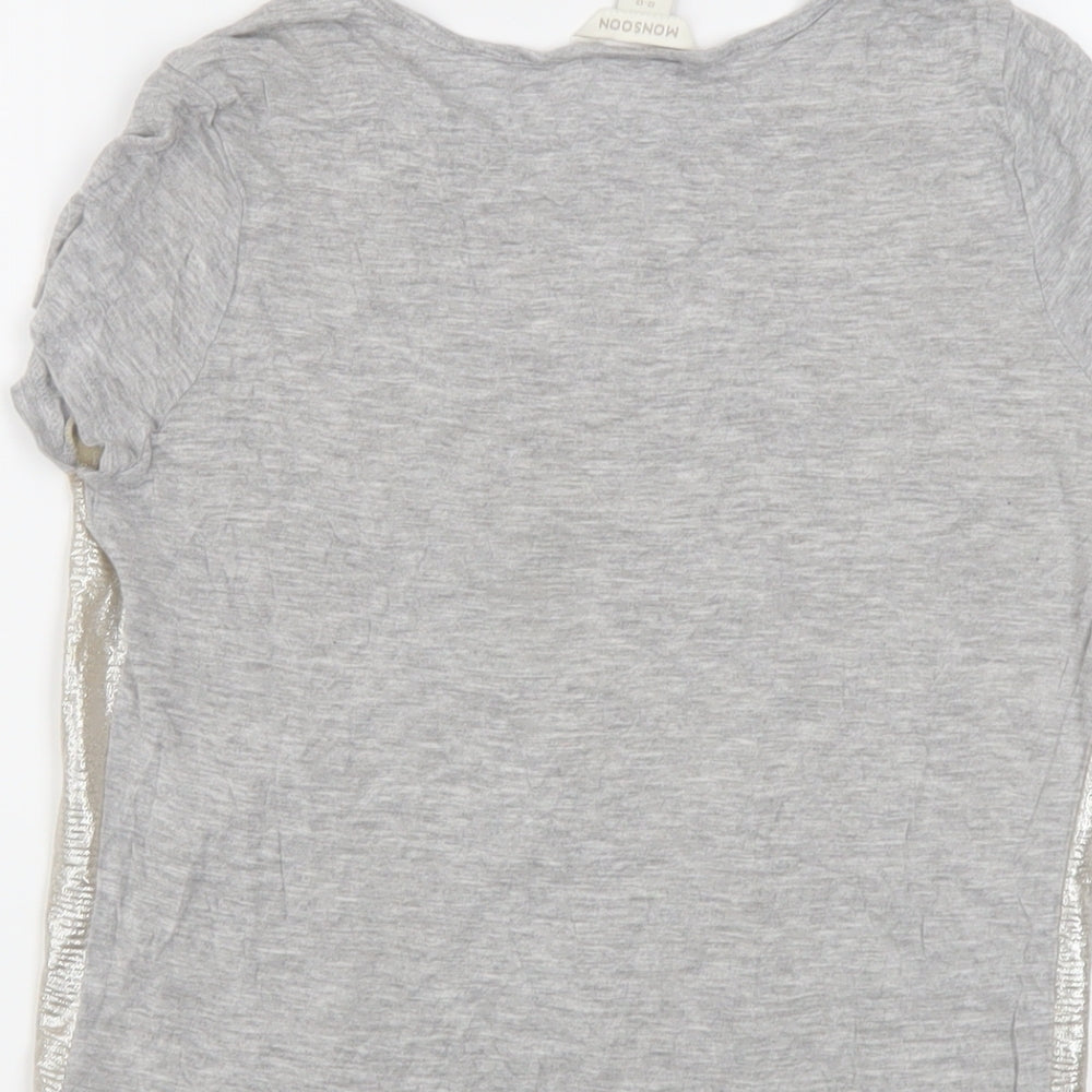 Brand and care label for Monsoon girls’ grey polyester basic t-shirt, size 12-13, years round neck pullover