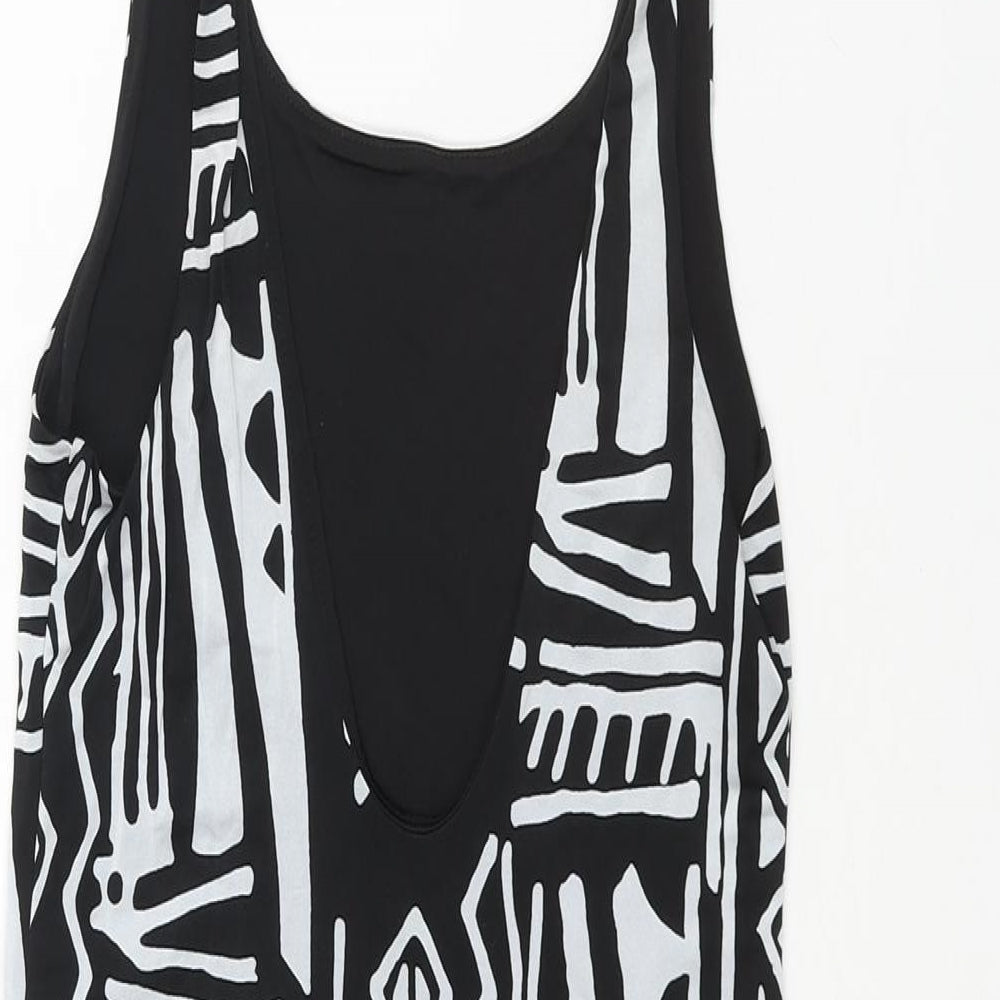 Brand and care label for Silence + Noise women’s black geometric polyester mini, size S, scoop neck pullover