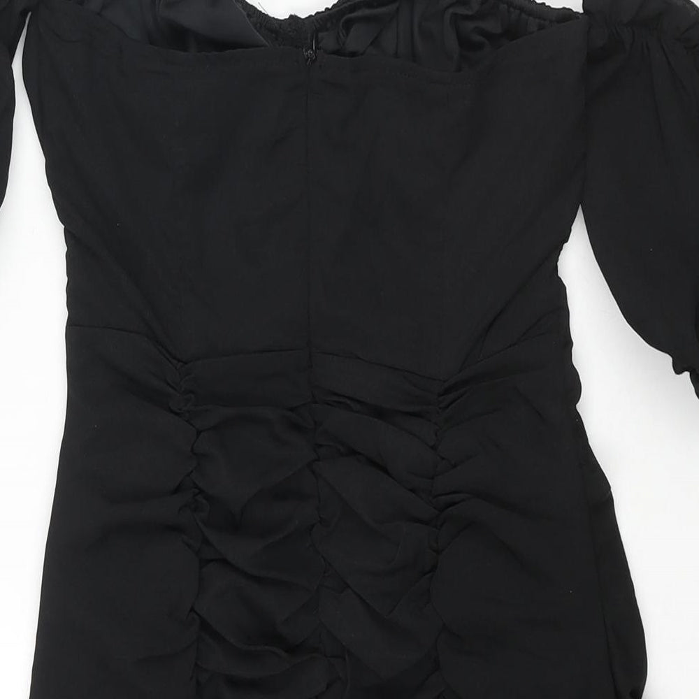 Brand and care label for In the Style women’s black polyester mini, size UK 4, off the shoulder zip - rouched
