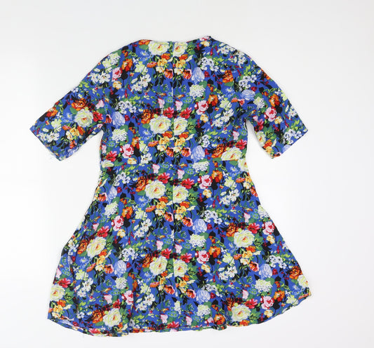 Glamorous Womens Blue Floral Viscose A-Line Size XS Round Neck Zip