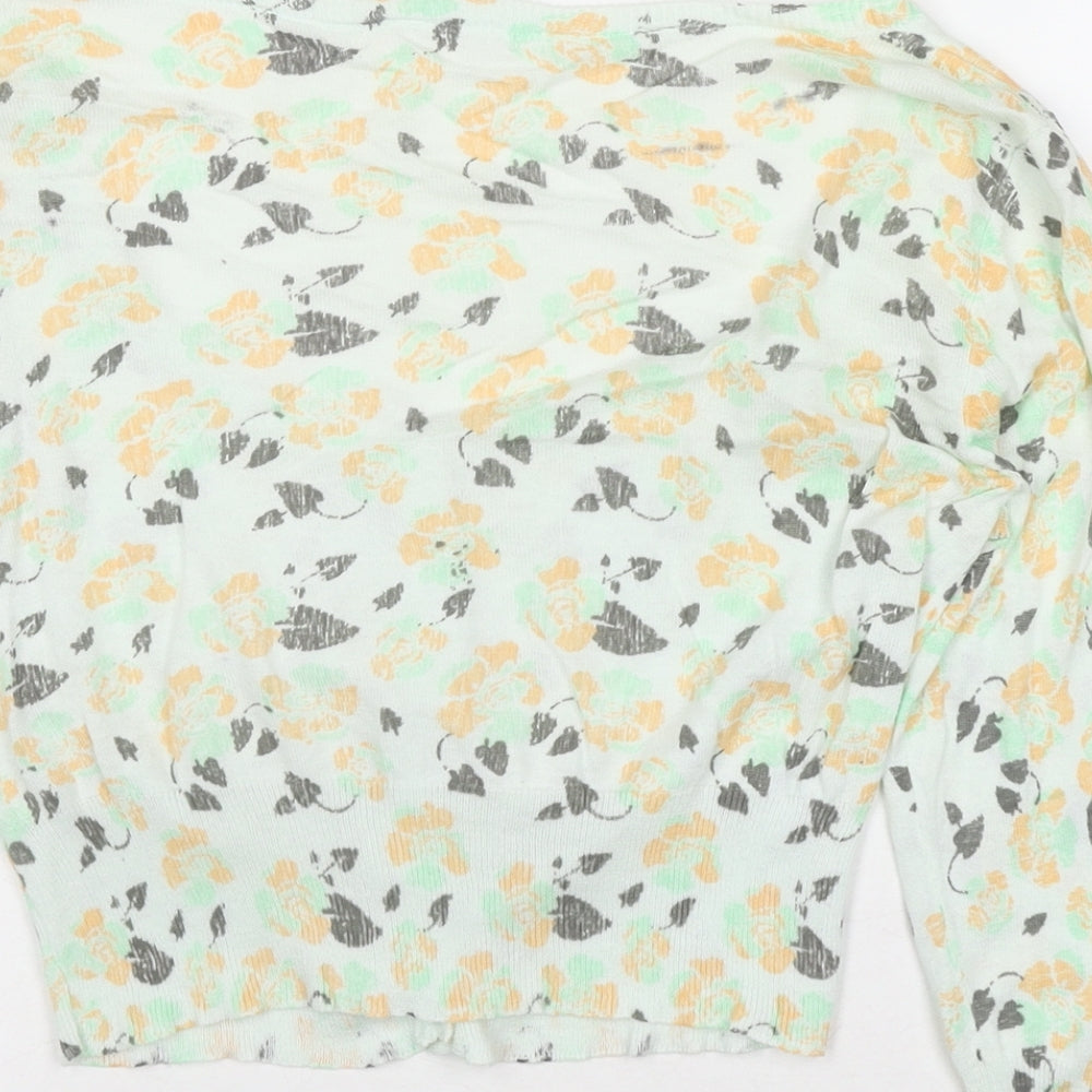 Brand and care label for ICHI women’s green boat neck floral cotton cardigan jumper, size UK 8
