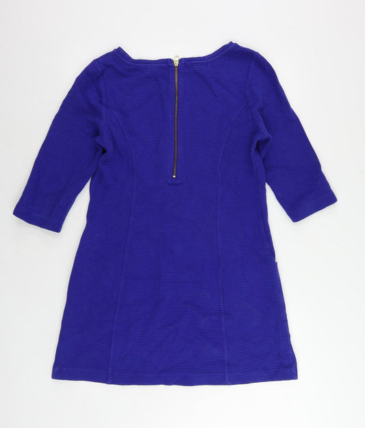 Monsoon Womens Blue Cotton A-Line Size 14 Boat Neck Zip - Pockets