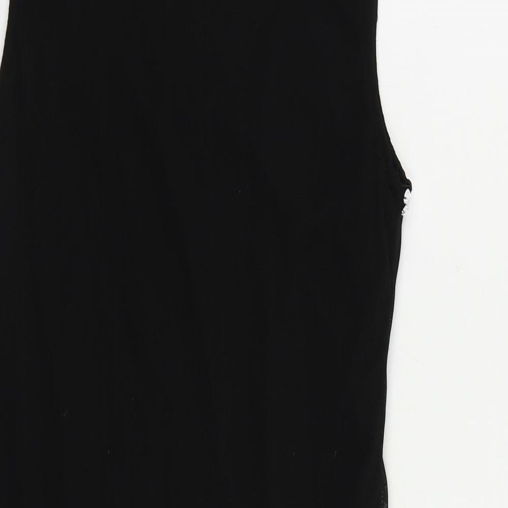 Brand and care label for Club L women’s black polyester shift, size S, boat neck pullover - embellished