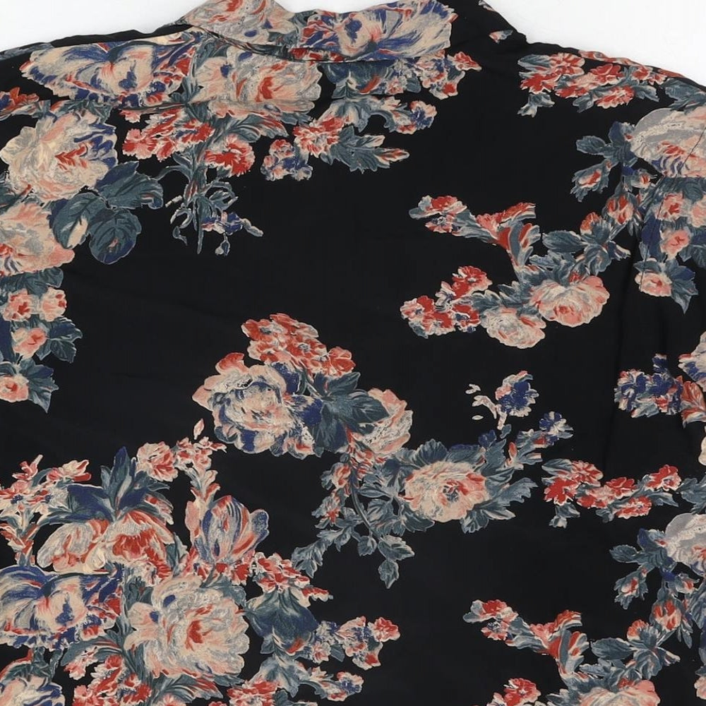 Brand and care label for ASOS women’s black floral viscose basic button-up, size UK 6, collared