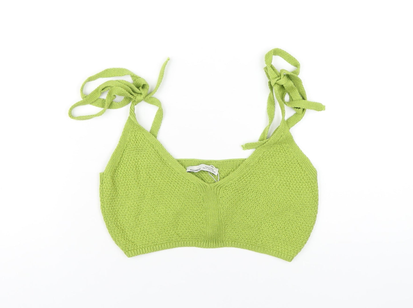 Pull&Bear Womens Green Cotton Cropped T-Shirt Size M V-Neck
