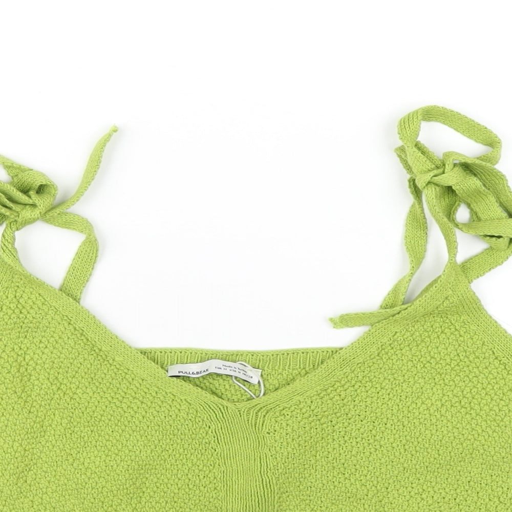 Pull&Bear Womens Green Cotton Cropped T-Shirt Size M V-Neck