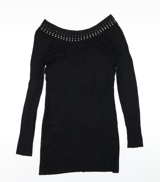 Y London Womens Black Viscose Bodycon Size L Boat Neck Pullover - Studded Neckline
