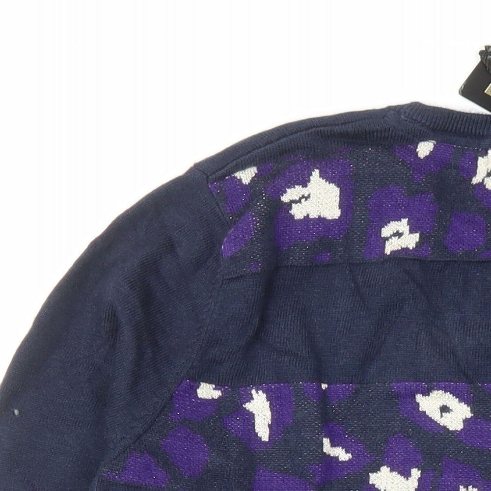 BiBA Womens Blue Round Neck Animal Print Nylon Pullover Jumper Size S - Leopard Pattern