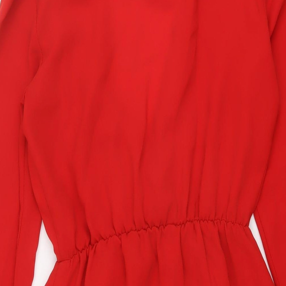 Brand and care label for Miss Selfridge women’s red polyester a-line, size UK 8, v-neck pullover