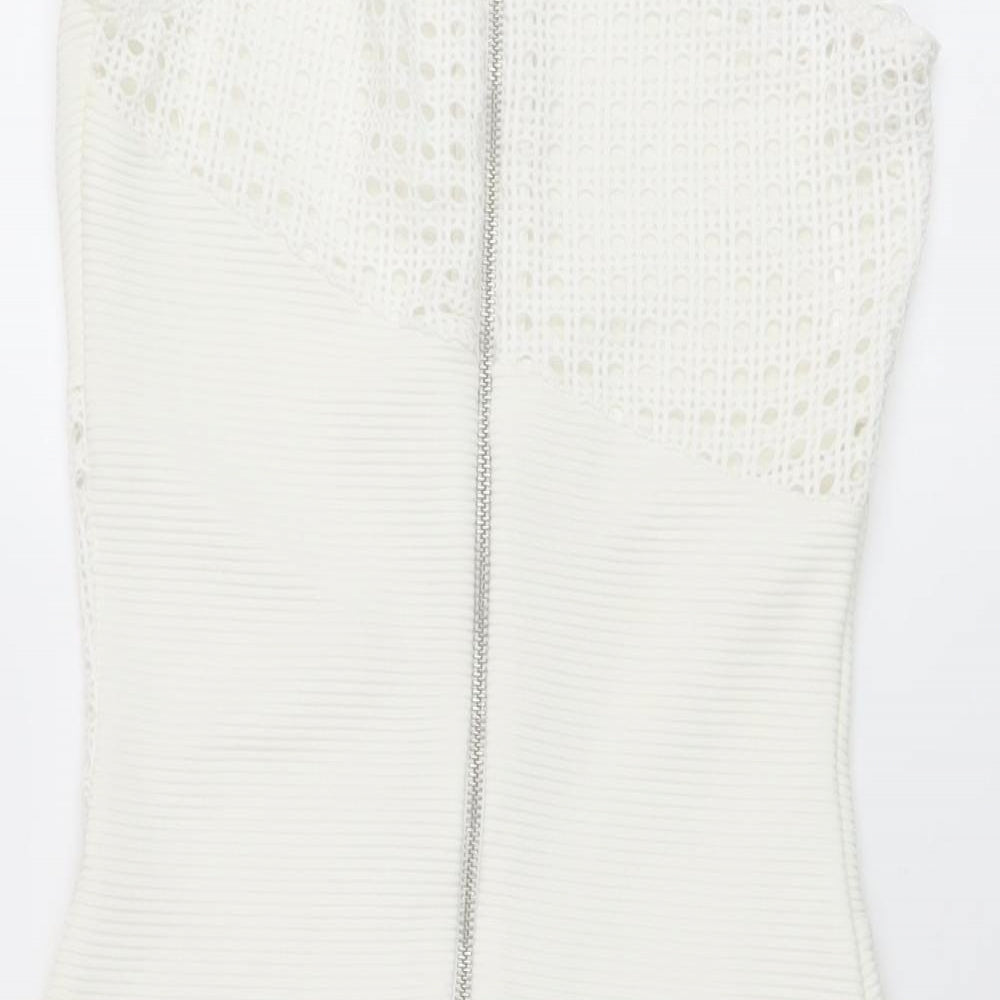 Brand and care label for Miss Selfridge women’s ivory polyester bodycon, size UK 8, round neck zip