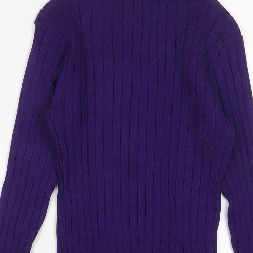Brand and care label for Abollria women’s purple v-neck acrylic jumper, size S