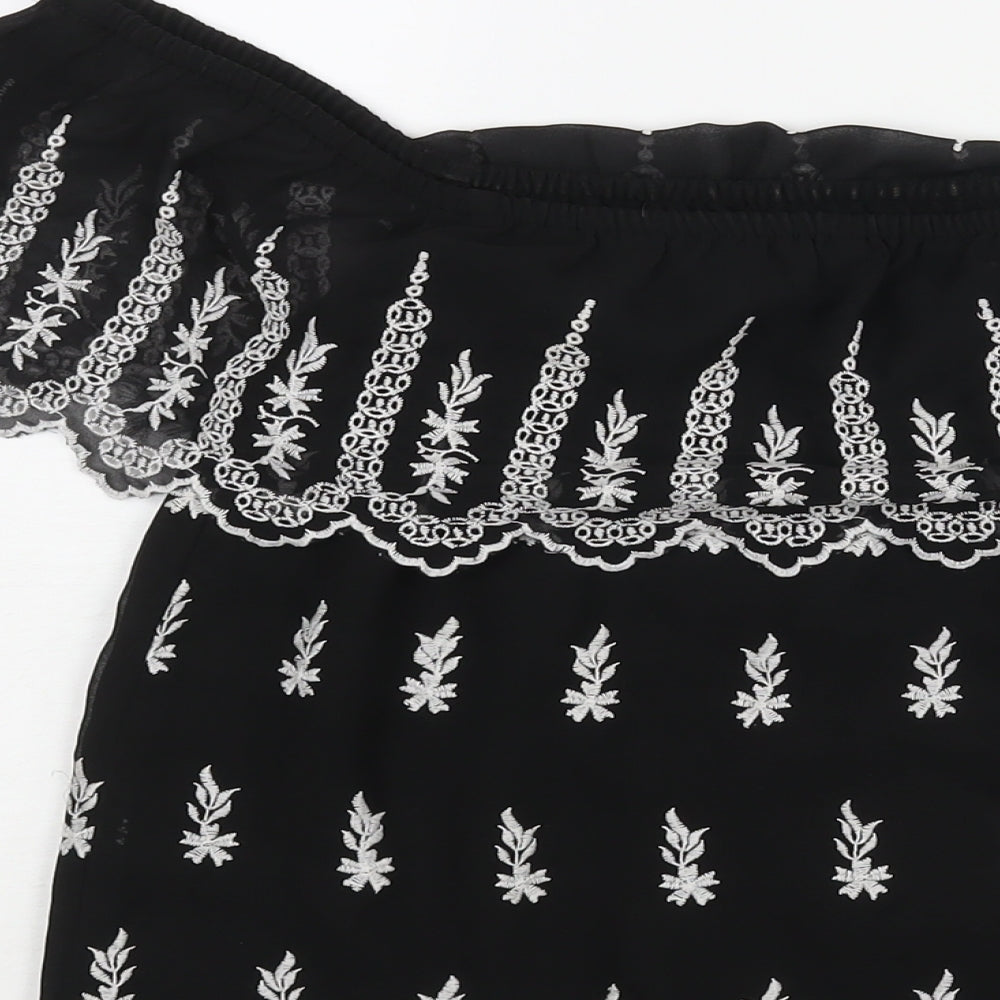 Brand and care label for Miss Selfridge women’s black geometric polyester basic blouse, off the shoulder - embroidered frill