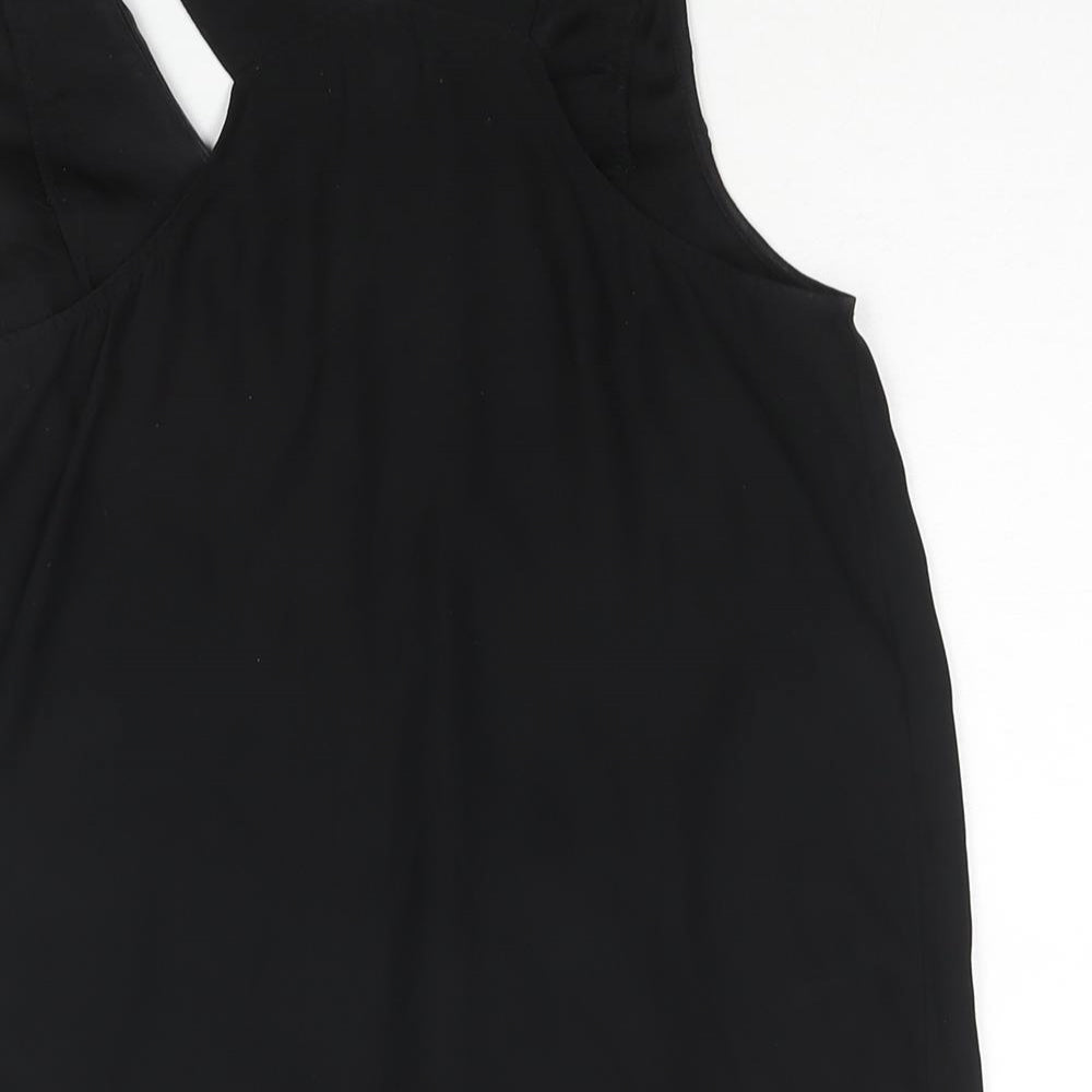 Brand and care label for Silence + Noise women’s black polyester mini, size XS, v-neck pullover - frill