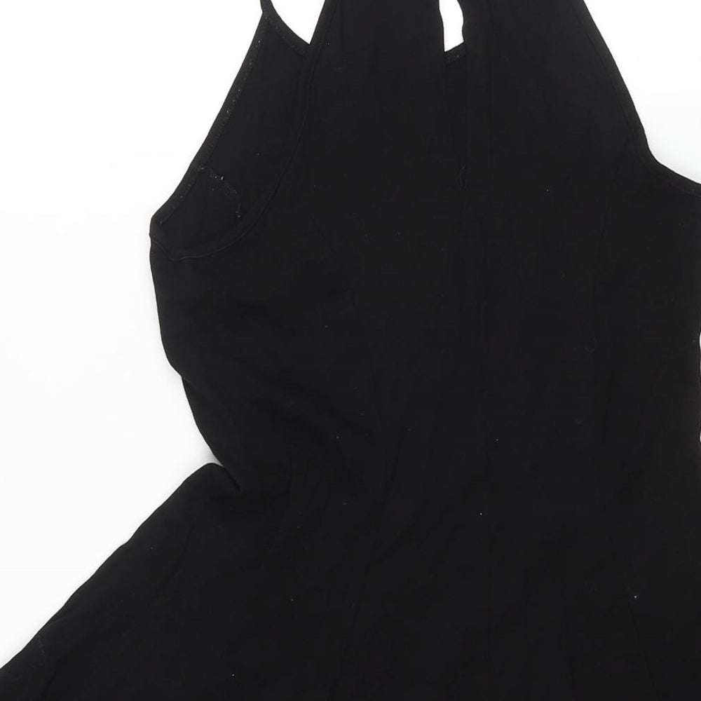 Brand and care label for ASOS women’s black viscose a-line, size UK 8, round neck button