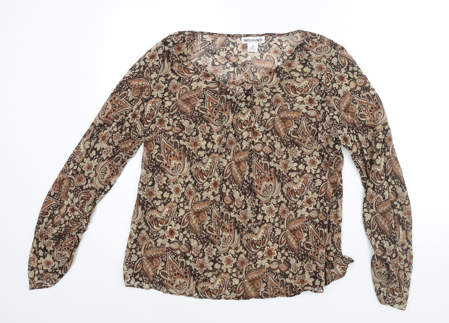 Sussan Womens Brown Polyester Basic Blouse Size 14 V-Neck - Semi Sheer Rouched Sleeve