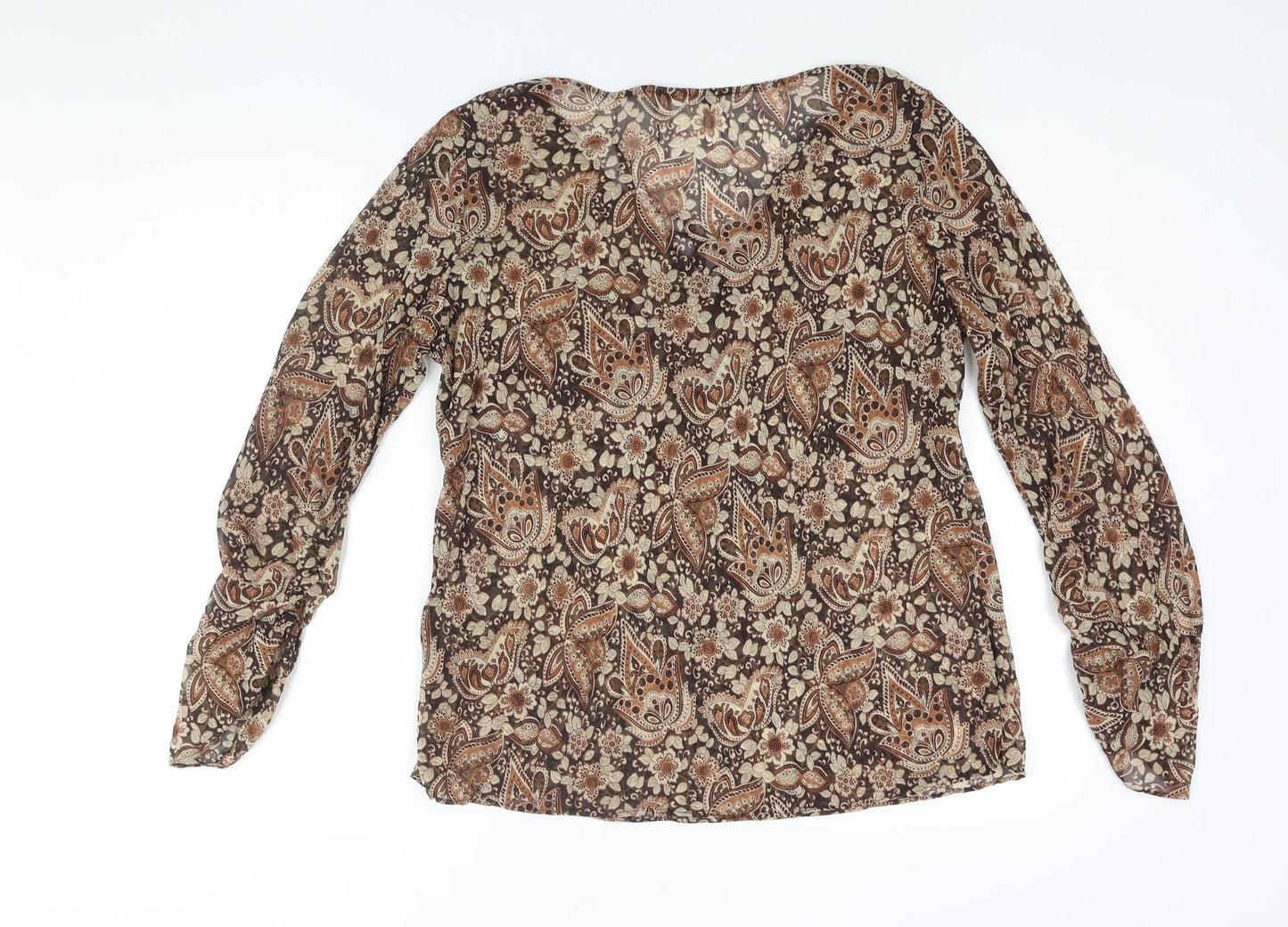 Sussan Womens Brown Polyester Basic Blouse Size 14 V-Neck - Semi Sheer Rouched Sleeve