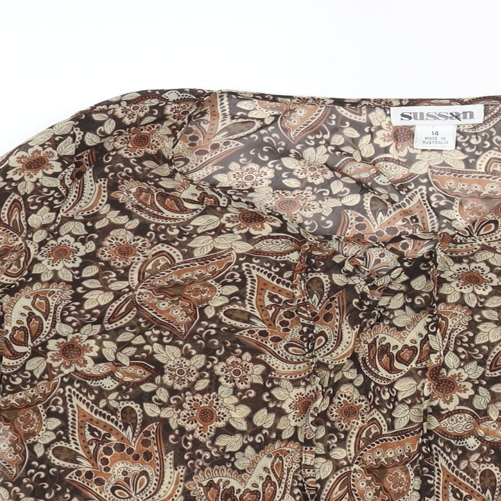 Sussan Womens Brown Polyester Basic Blouse Size 14 V-Neck - Semi Sheer Rouched Sleeve