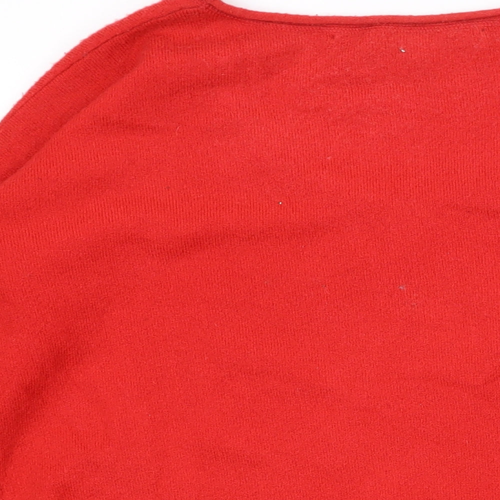 Brand and care label for French Connection women’s red scoop neck acrylic jumper, size S