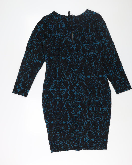 Arcadia Womens Blue Geometric Polyester Sheath Size 14 Round Neck Zip