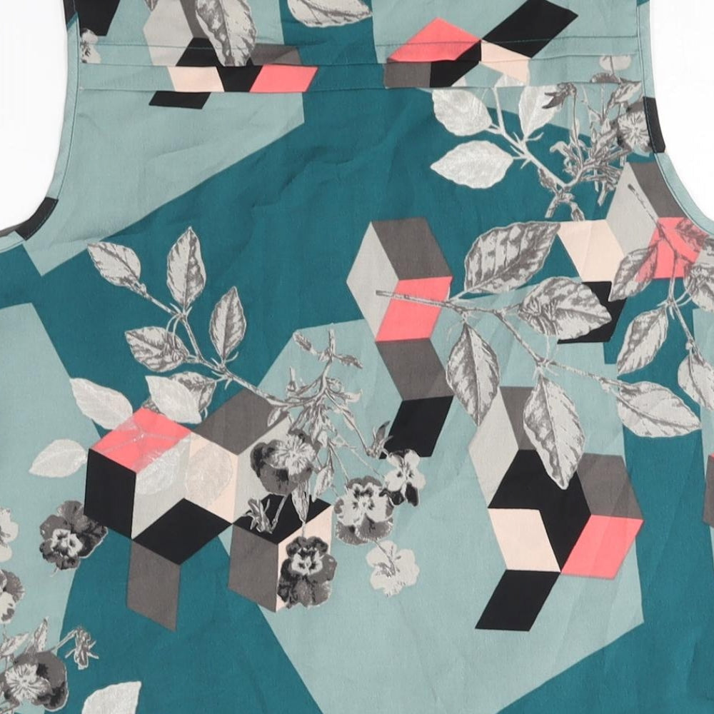 Brand and care label for Only women’s blue geometric polyester camisole blouse, size UK 8, scoop neck