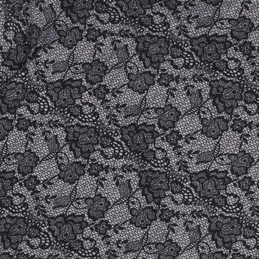 Brand and care label for Alexara women’s black round neck geometric polyester jumper, - button detail floral lace print
