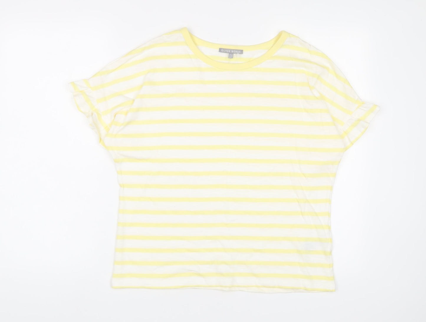 Oliver Bonas Womens Yellow Striped Cotton Basic T-Shirt Size 10 Crew Neck - Frill