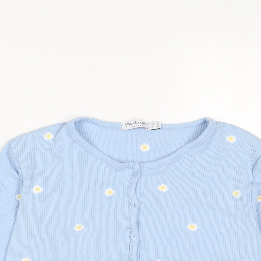 Stradivarius Womens Blue Floral Cotton Cropped T-Shirt Size S Crew Neck