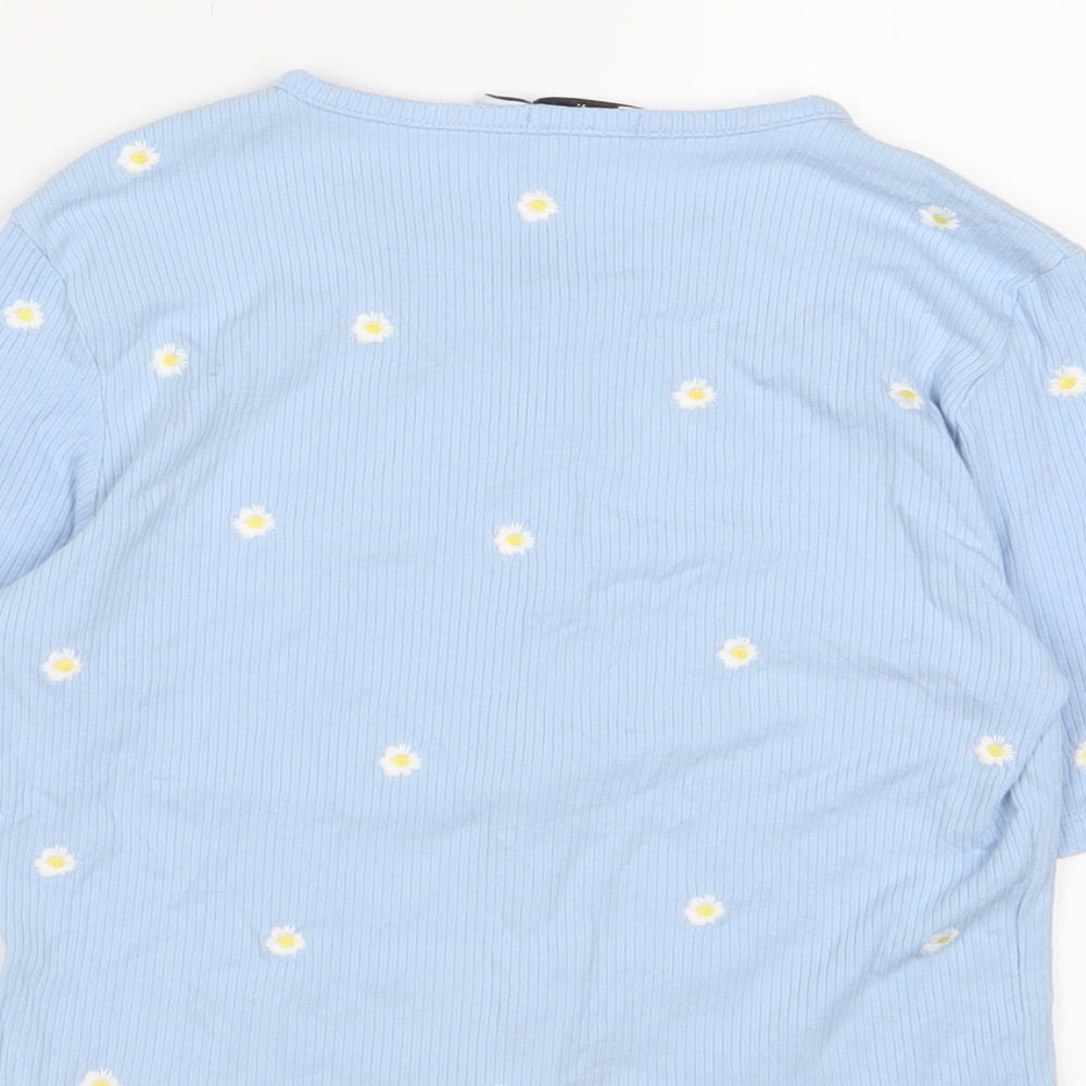 Stradivarius Womens Blue Floral Cotton Cropped T-Shirt Size S Crew Neck