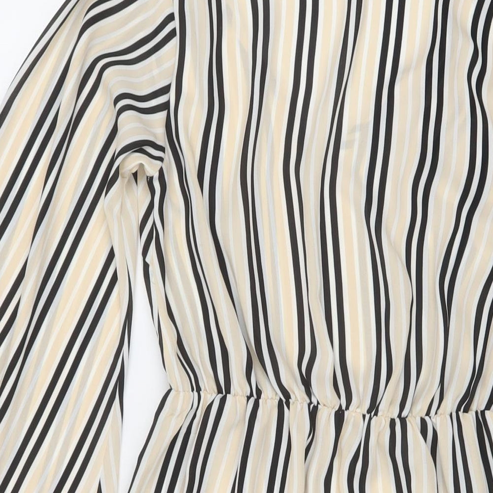 Brand and care label for Missguided women’s beige striped polyester mini, size UK 6, v-neck pullover