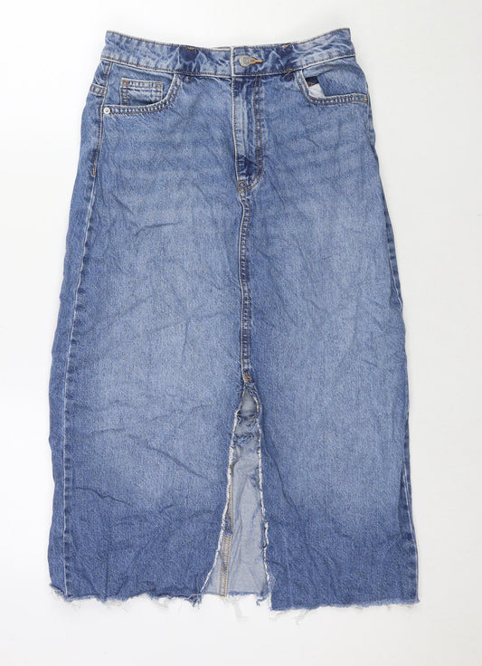Additional front view of Denim & Co. women’s blue cotton a-line skirt, size UK 8, zip