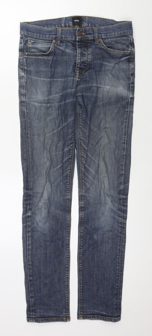 Additional front view of ASOS men’s blue cotton skinny jeans, size 28, in, 31-inch leg regular zip