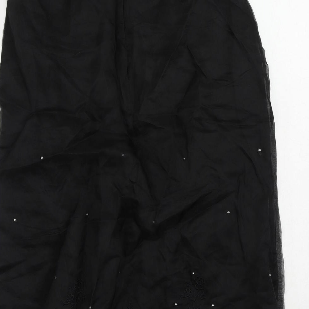 Warehouse Womens Black Silk Straight & Pencil Skirt Size 12 Zip - Embroidered