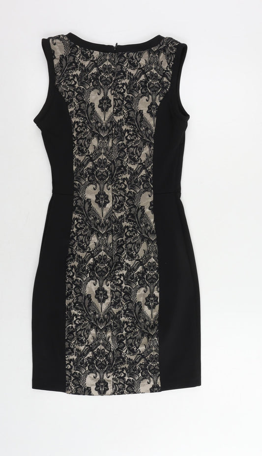 Warehouse Womens Black Paisley Cotton Mini Size 8 V-Neck Zip