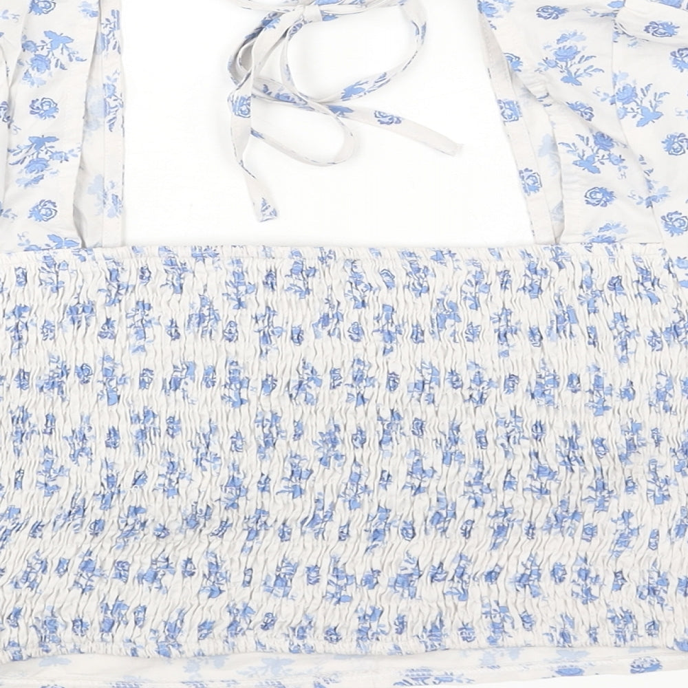 Brand and care label for In the Style women’s blue floral polyester basic blouse, square neck - rouched button detail