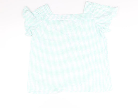 Lands' End Womens Green Check Cotton Basic Blouse Size M Square Neck