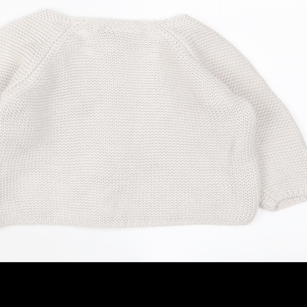Brand and care label for Toffee Moon girls’ white cotton cardigan jumper, size 6-9, months button - 6-12 months